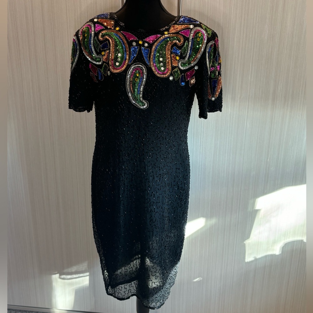 Rare Vintage 1980's Black Silk Sequin Beaded Dress w/ multi colour detail Large‎